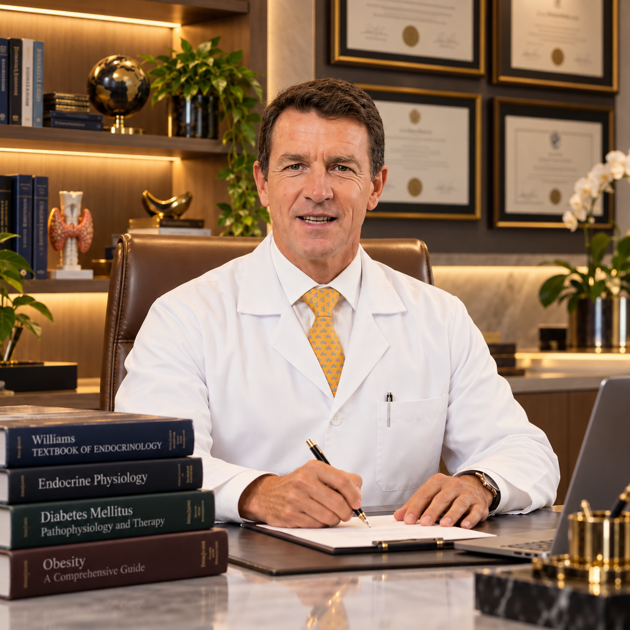 Imagem ilustrativa de um médico de jaleco branco, sentado à mesa de consultório com livros de endocrinologia